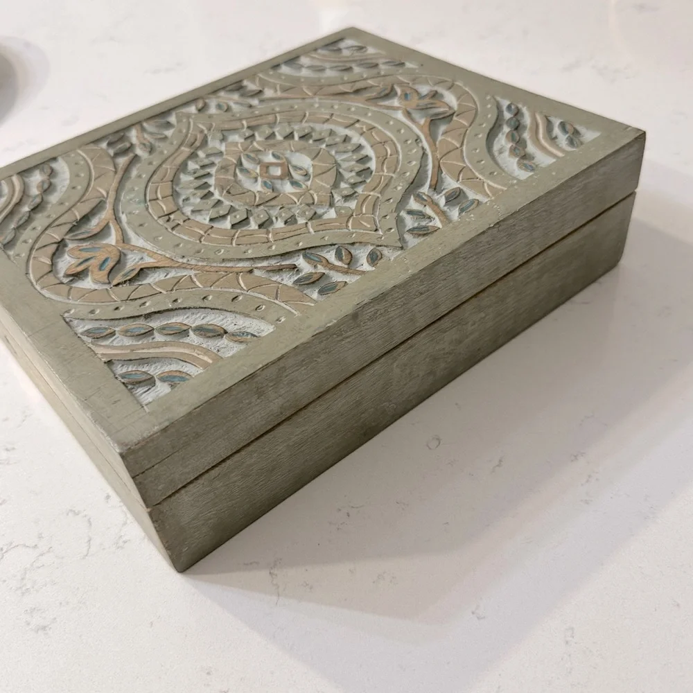 Green Geo Carved Wood Ashanti Storage Box